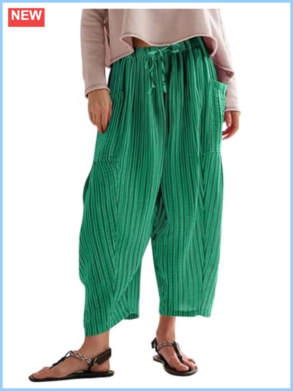 Flowy Striped Harem Pants Wide Leg Boho Palazzo Drawstring Casual Trousers with